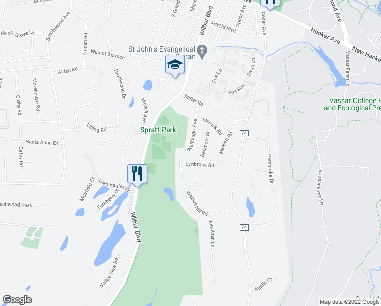 map of restaurants, bars, coffee shops, grocery stores, and more near 27 Wantaugh Avenue in Poughkeepsie