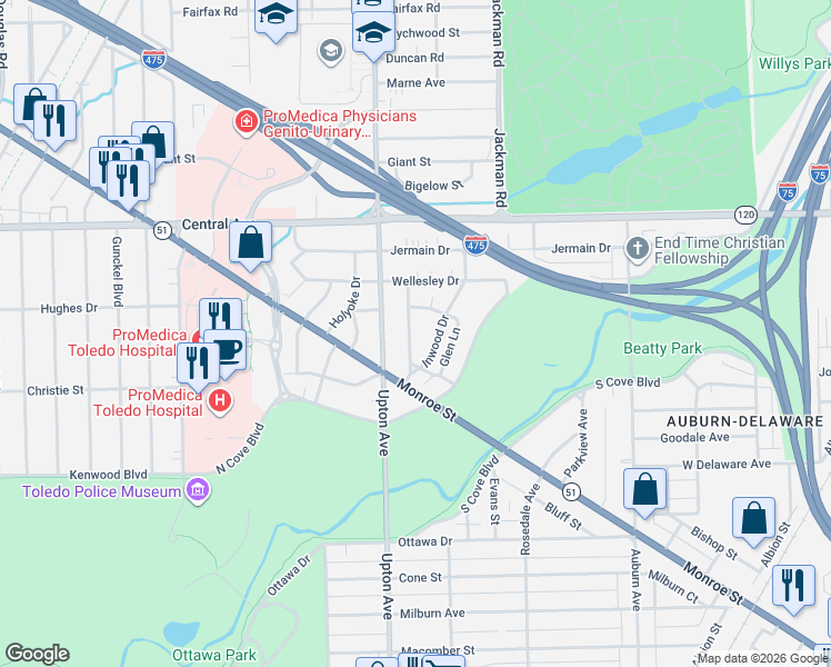 map of restaurants, bars, coffee shops, grocery stores, and more near 2750 Sagamore Road in Toledo