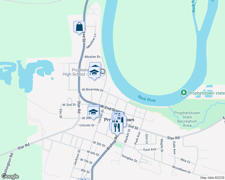 map of restaurants, bars, coffee shops, grocery stores, and more near 45 Locust Street in Prophetstown