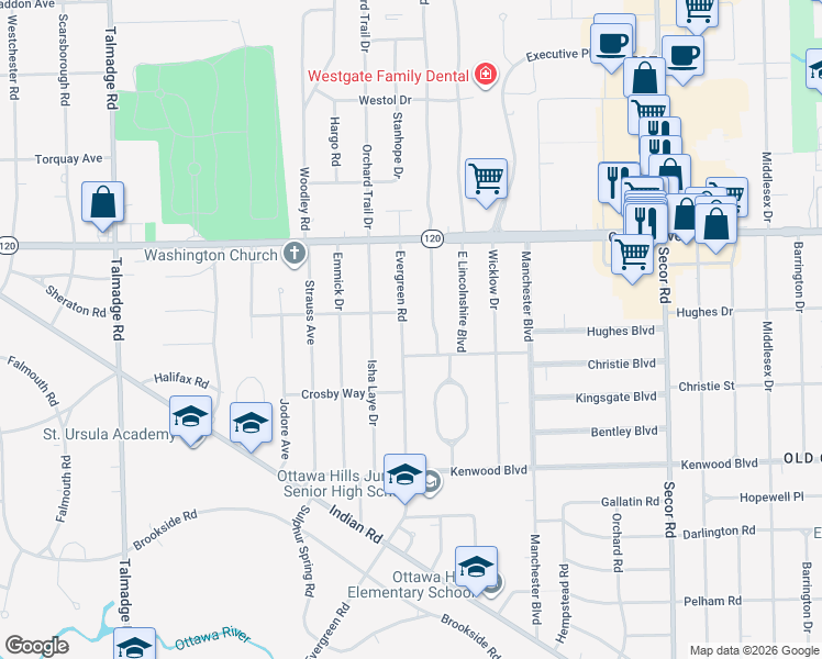 map of restaurants, bars, coffee shops, grocery stores, and more near 2910 Evergreen Road in Toledo