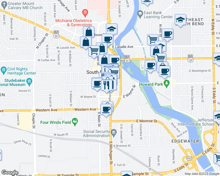 map of restaurants, bars, coffee shops, grocery stores, and more near 212 South Michigan Street in South Bend