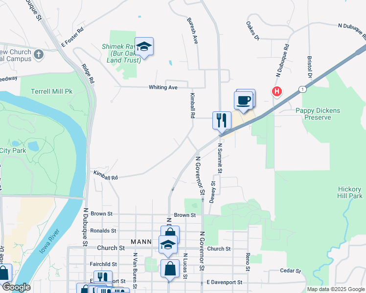 map of restaurants, bars, coffee shops, grocery stores, and more near 500 Kimball Road in Iowa City
