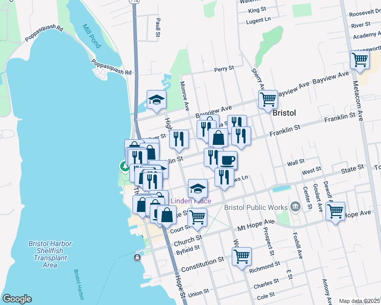 map of restaurants, bars, coffee shops, grocery stores, and more near 97 Franklin Street in Bristol