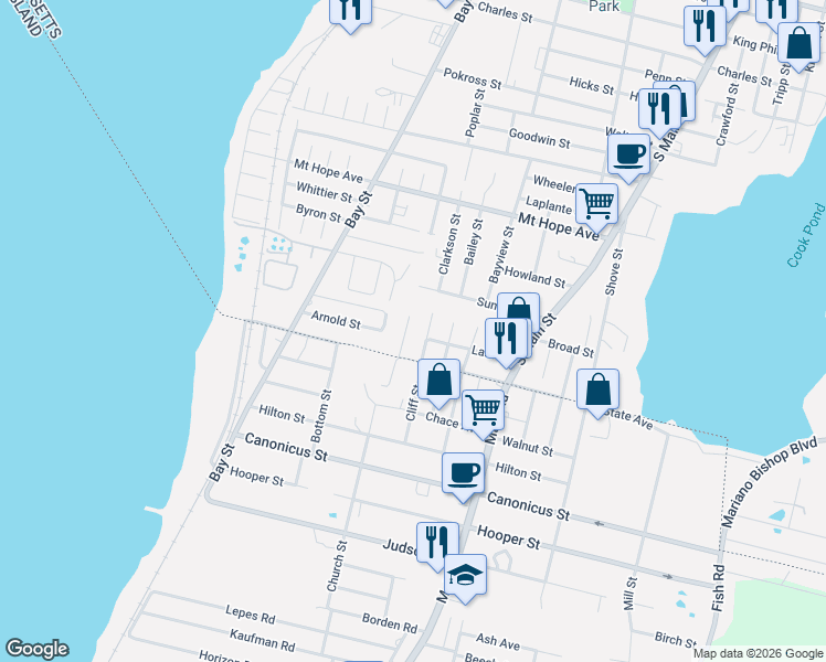 map of restaurants, bars, coffee shops, grocery stores, and more near 422 Sampson Street in Fall River