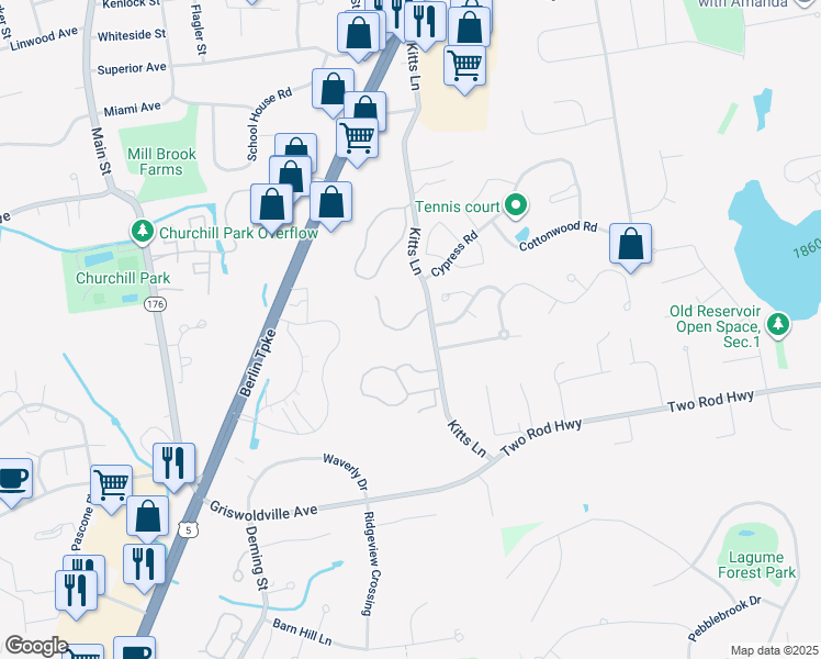 map of restaurants, bars, coffee shops, grocery stores, and more near 31 Woodsedge Drive in Newington