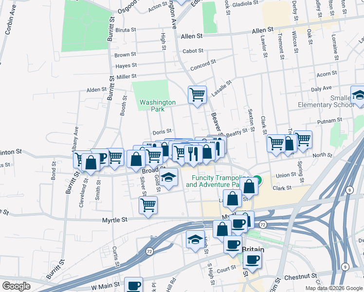 map of restaurants, bars, coffee shops, grocery stores, and more near 169 Grove Street in New Britain
