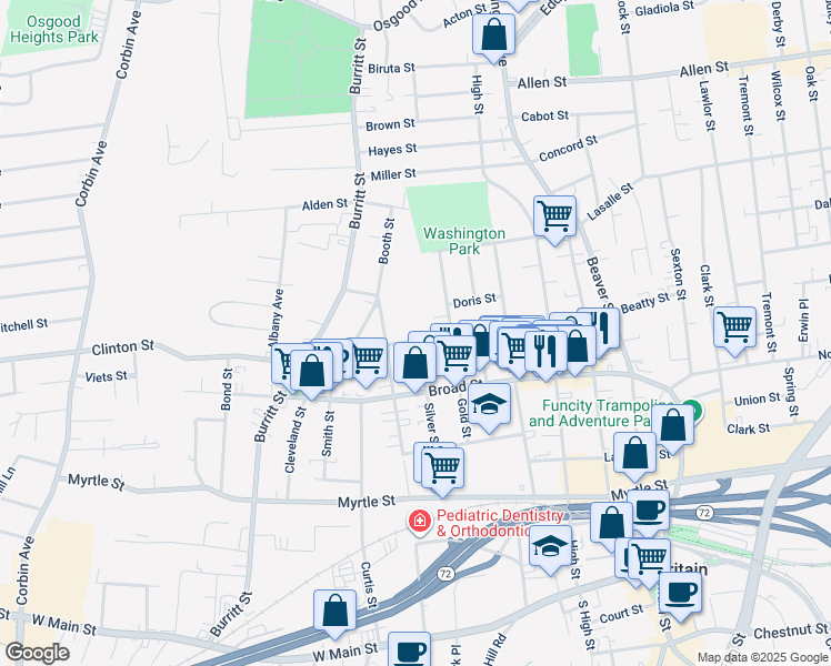 map of restaurants, bars, coffee shops, grocery stores, and more near 171 Booth Street in New Britain