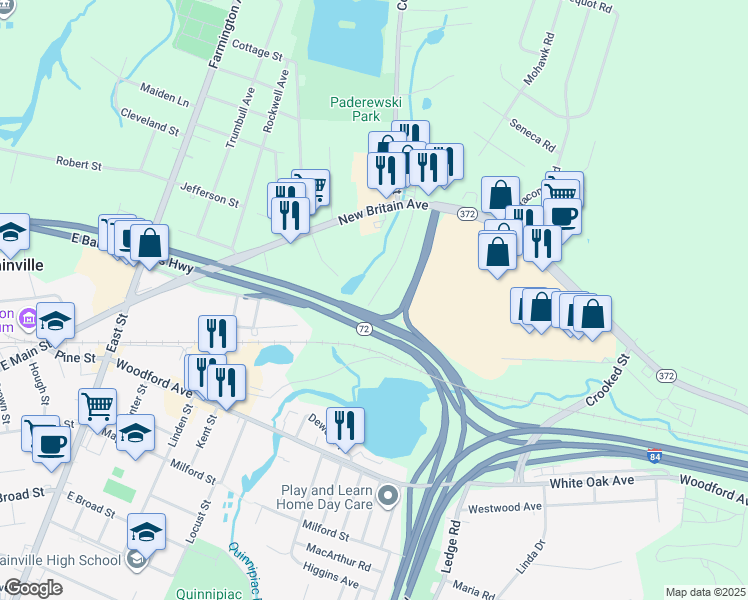 map of restaurants, bars, coffee shops, grocery stores, and more near 95 Colonial Court in Plainville