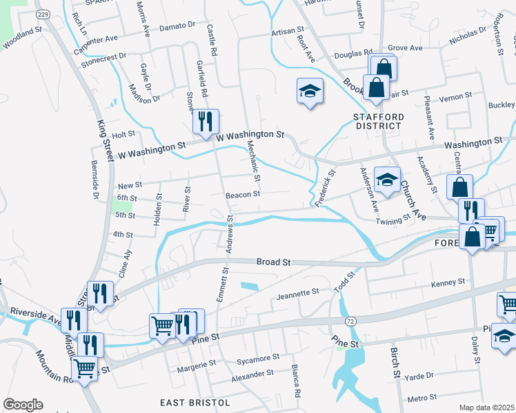 map of restaurants, bars, coffee shops, grocery stores, and more near 160 Frederick Street in Bristol