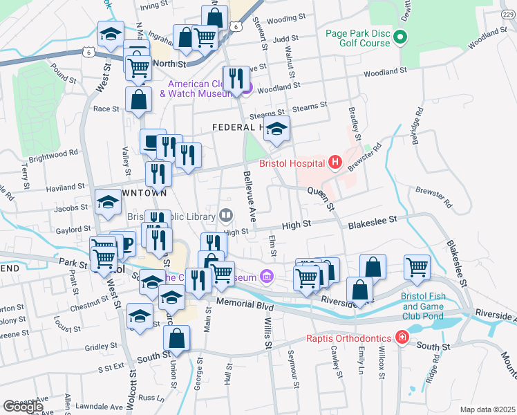map of restaurants, bars, coffee shops, grocery stores, and more near 35 Bellevue Avenue in Bristol
