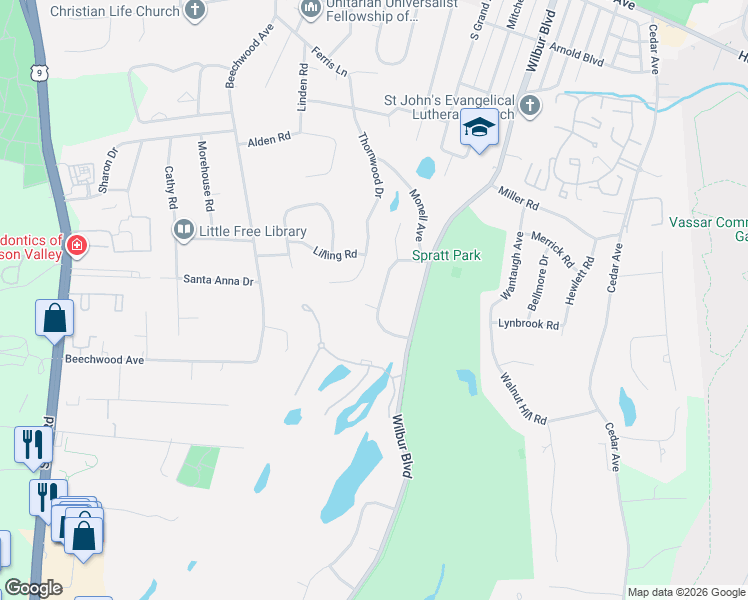 map of restaurants, bars, coffee shops, grocery stores, and more near 12 High Ridge Road in Poughkeepsie