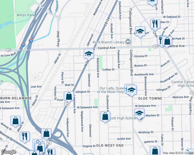 map of restaurants, bars, coffee shops, grocery stores, and more near 2708 Robinwood Avenue in Toledo