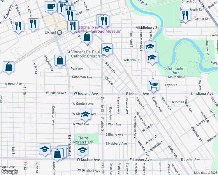 map of restaurants, bars, coffee shops, grocery stores, and more near 1408 Prairie Street in Elkhart