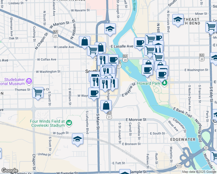 map of restaurants, bars, coffee shops, grocery stores, and more near 216 South Michigan Street in South Bend