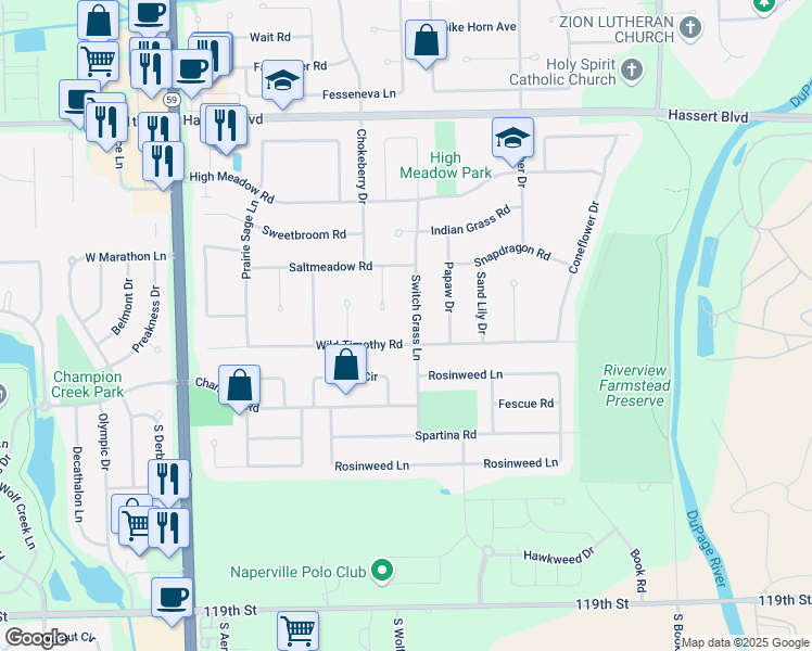 map of restaurants, bars, coffee shops, grocery stores, and more near 5331 Switch Grass Lane in Naperville