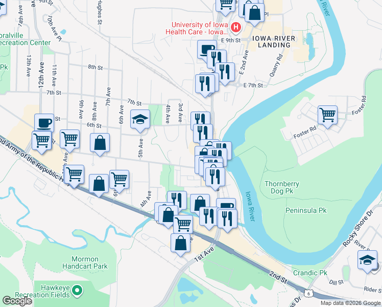 map of restaurants, bars, coffee shops, grocery stores, and more near 508 2nd Avenue in Coralville