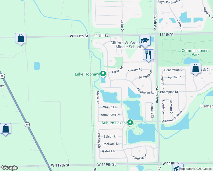 map of restaurants, bars, coffee shops, grocery stores, and more near 11539 Glenn Circle in Plainfield