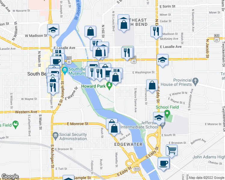 map of restaurants, bars, coffee shops, grocery stores, and more near 219 South Saint Louis Boulevard in South Bend
