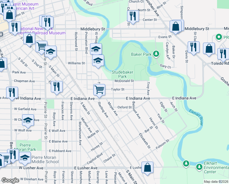 map of restaurants, bars, coffee shops, grocery stores, and more near 1400 Grand Ave in Elkhart