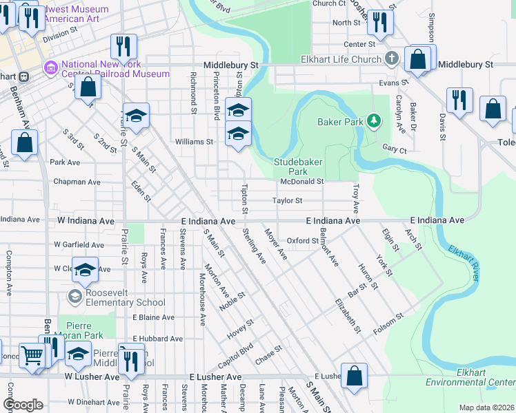 map of restaurants, bars, coffee shops, grocery stores, and more near 807 Taylor Street in Elkhart