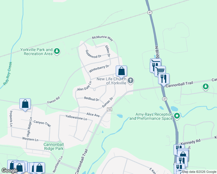map of restaurants, bars, coffee shops, grocery stores, and more near 422 Honeysuckle Lane in Yorkville