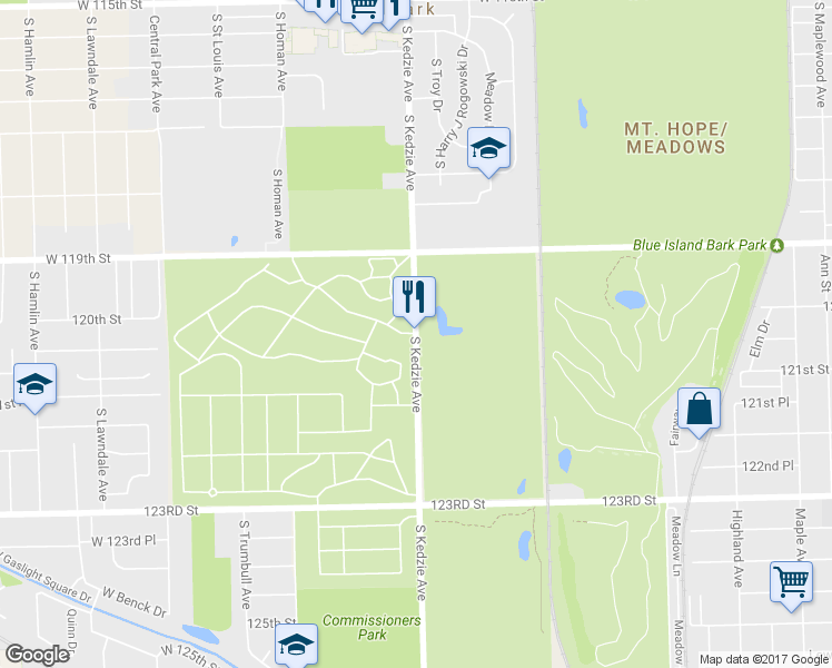 map of restaurants, bars, coffee shops, grocery stores, and more near South Kedzie Avenue in Alsip