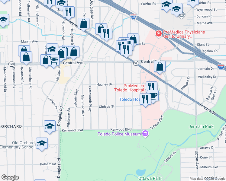 map of restaurants, bars, coffee shops, grocery stores, and more near 2818 Powhattan Parkway in Toledo