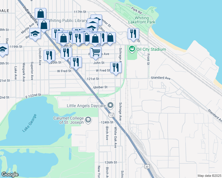 map of restaurants, bars, coffee shops, grocery stores, and more near 2201 White Oak Avenue in Whiting