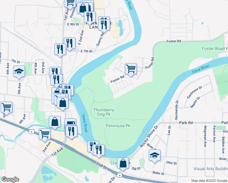 map of restaurants, bars, coffee shops, grocery stores, and more near 1795 Foster Road in Iowa City