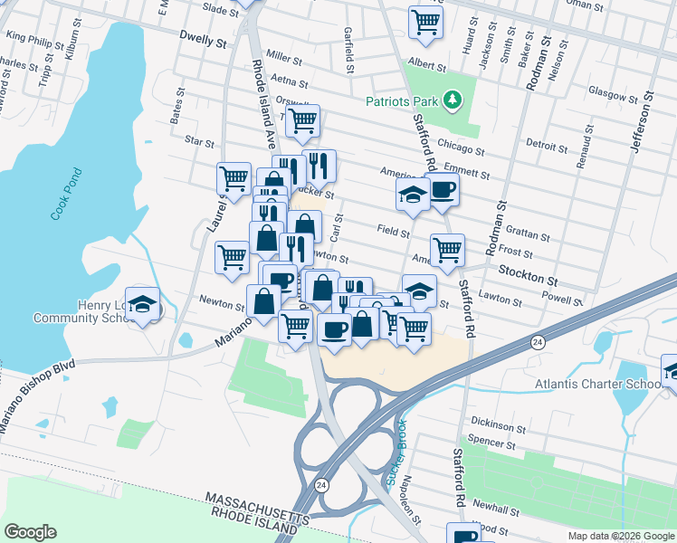 map of restaurants, bars, coffee shops, grocery stores, and more near 100 Anthony Street in Fall River