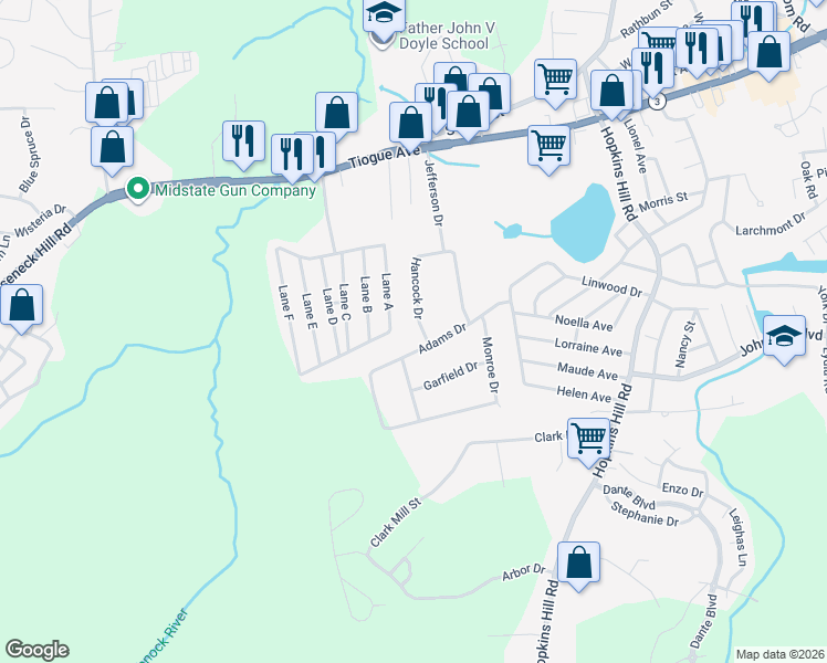 map of restaurants, bars, coffee shops, grocery stores, and more near 19 Hancock Drive in Coventry