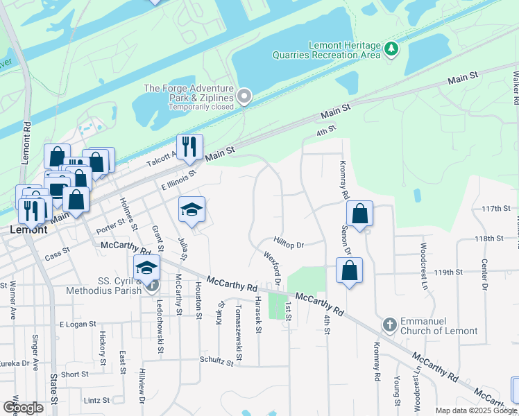 map of restaurants, bars, coffee shops, grocery stores, and more near 5 Wheeler Court in Lemont