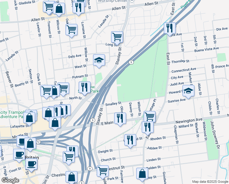 map of restaurants, bars, coffee shops, grocery stores, and more near 40 Gladden Street in New Britain