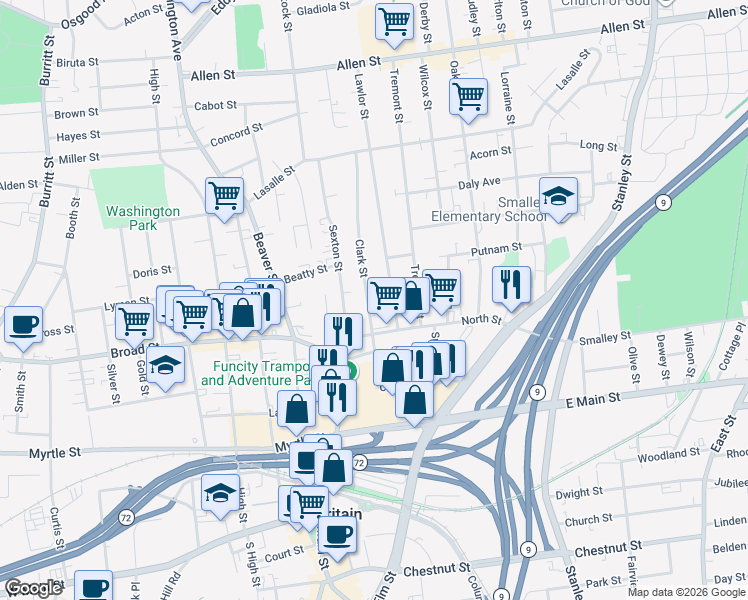map of restaurants, bars, coffee shops, grocery stores, and more near 99 Clark Street in New Britain