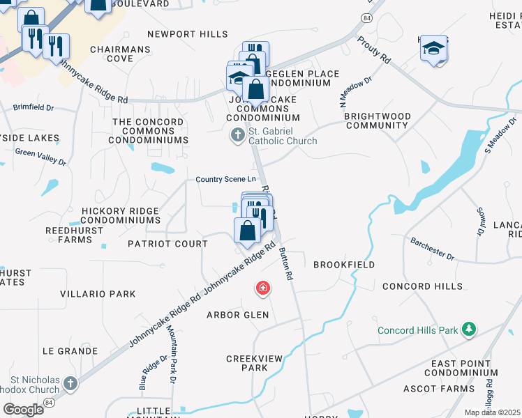 map of restaurants, bars, coffee shops, grocery stores, and more near 9881 Johnnycake Ridge Road in Mentor