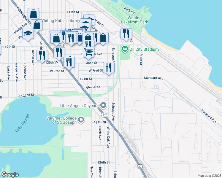 map of restaurants, bars, coffee shops, grocery stores, and more near Whiting Lakefront Trail in Whiting