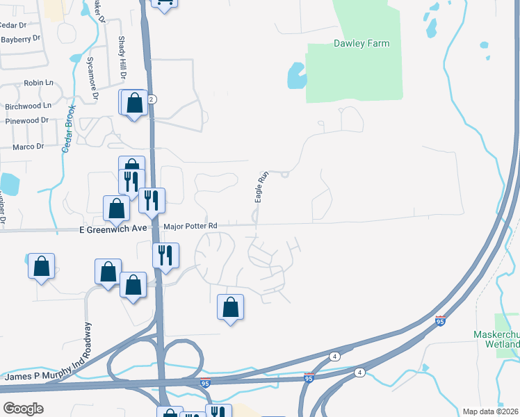 map of restaurants, bars, coffee shops, grocery stores, and more near 5 Eagle Run in East Greenwich