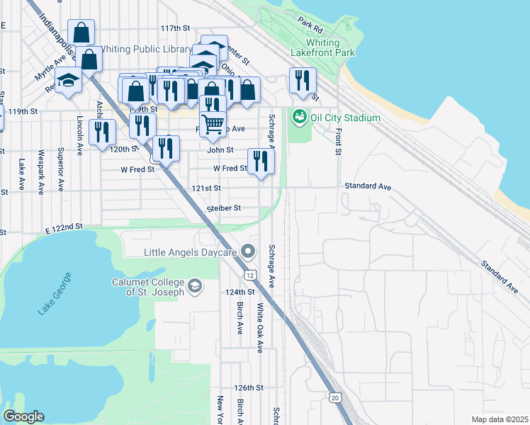map of restaurants, bars, coffee shops, grocery stores, and more near 2201 White Oak Avenue in Whiting