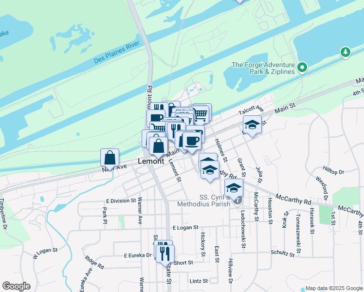 map of restaurants, bars, coffee shops, grocery stores, and more near 320 Canal Street in Lemont
