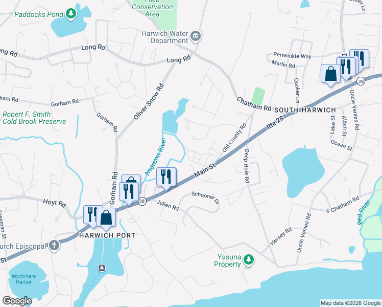 map of restaurants, bars, coffee shops, grocery stores, and more near 6 Locust Lane in Harwich
