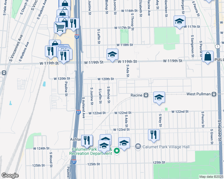 map of restaurants, bars, coffee shops, grocery stores, and more near 12039 South Bishop Street in Chicago