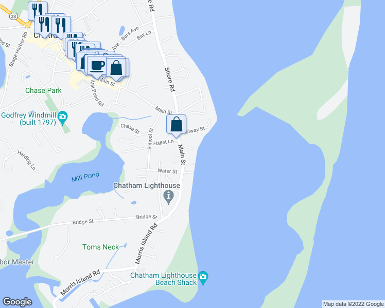 map of restaurants, bars, coffee shops, grocery stores, and more near 26 Andrew Hardings Lane in Chatham