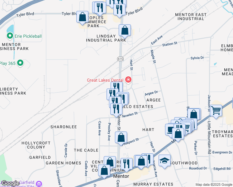 map of restaurants, bars, coffee shops, grocery stores, and more near 7200 Ohio 615 in Mentor