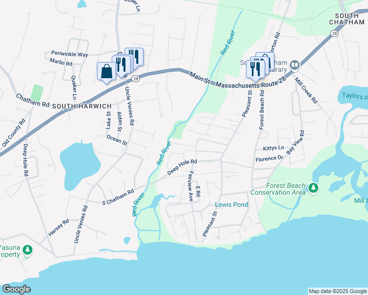 map of restaurants, bars, coffee shops, grocery stores, and more near 27 Shirley Drive in Chatham