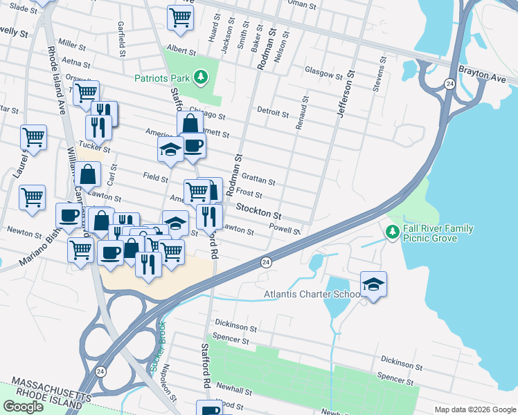 map of restaurants, bars, coffee shops, grocery stores, and more near in Fall River