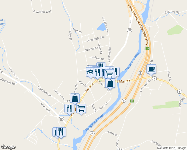 map of restaurants, bars, coffee shops, grocery stores, and more near 40 High St in Thomaston