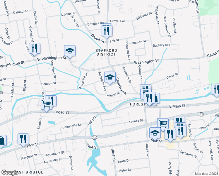 map of restaurants, bars, coffee shops, grocery stores, and more near 33 Welch Drive in Bristol