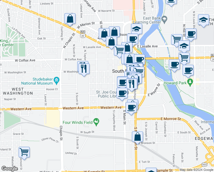 map of restaurants, bars, coffee shops, grocery stores, and more near 320 West Jefferson Boulevard in South Bend