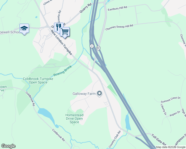 map of restaurants, bars, coffee shops, grocery stores, and more near 2416 New London Turnpike in Glastonbury