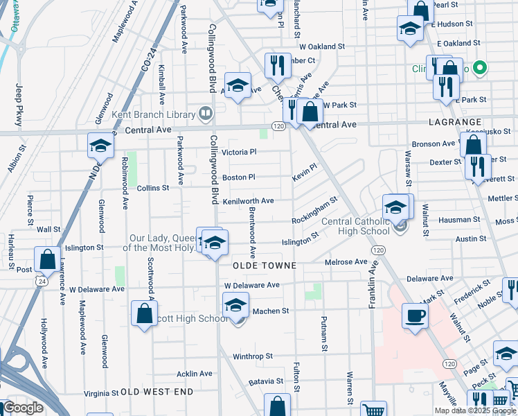 map of restaurants, bars, coffee shops, grocery stores, and more near 353 Kenilworth Avenue in Toledo